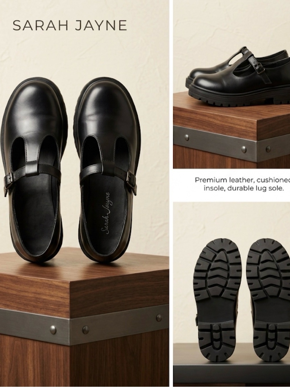 Sarah Jayne Black Leather Girls' T-Strap Mary Jane Shoes